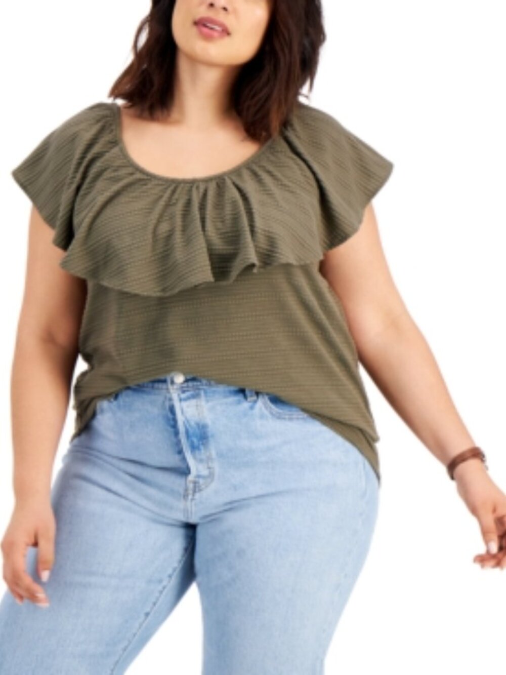 Style & Co Plus Size Textured Ruffle-Neck Top Olive Drab Size 0X NWT
